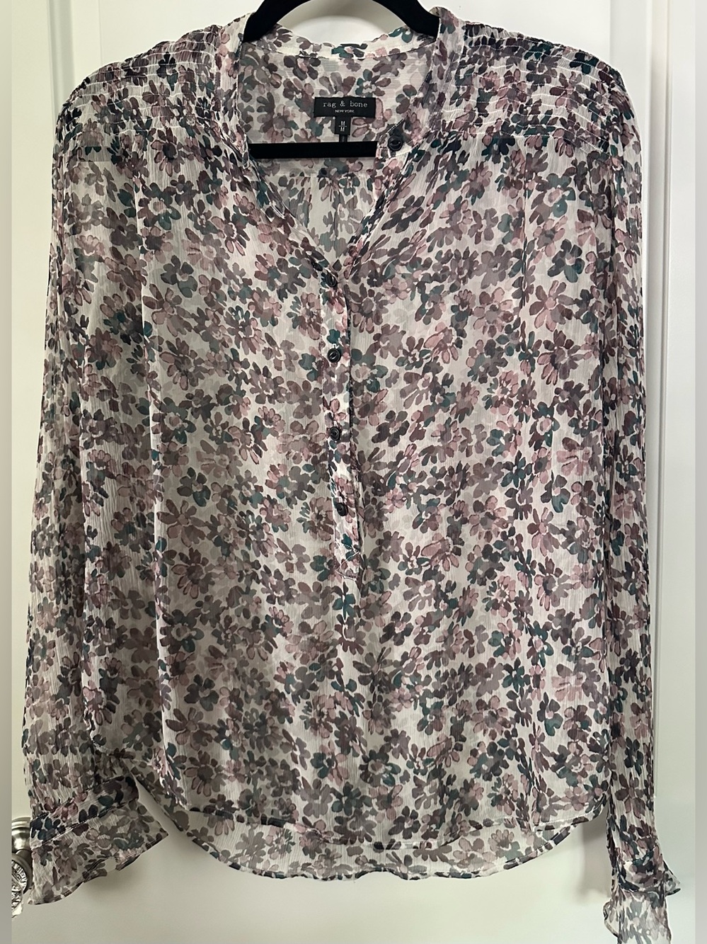 rag & bone Silk Sheer Floral Blouse Ruffle Shoulder Medium